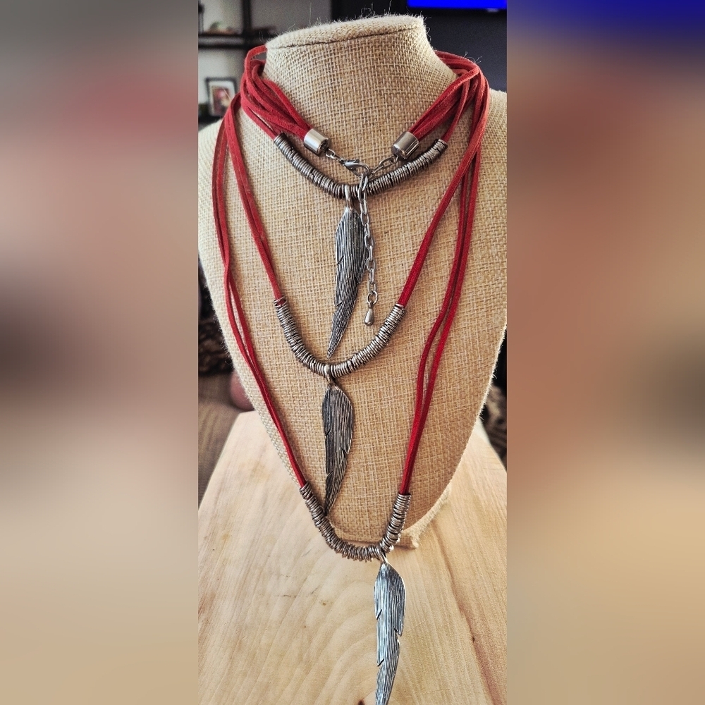 3 Layer Silver Feather Pendant Necklace with Red Cord